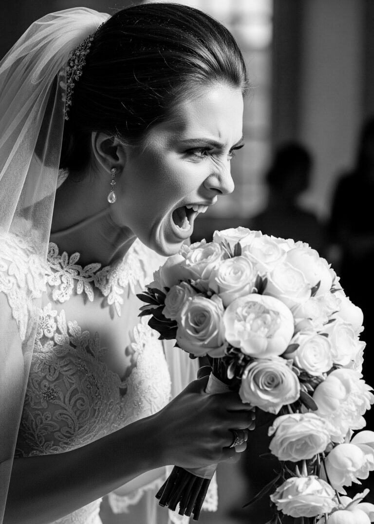 Illustration einer wütenden Braut im weißen Hochzeitskleid, Bridezilla-Motiv