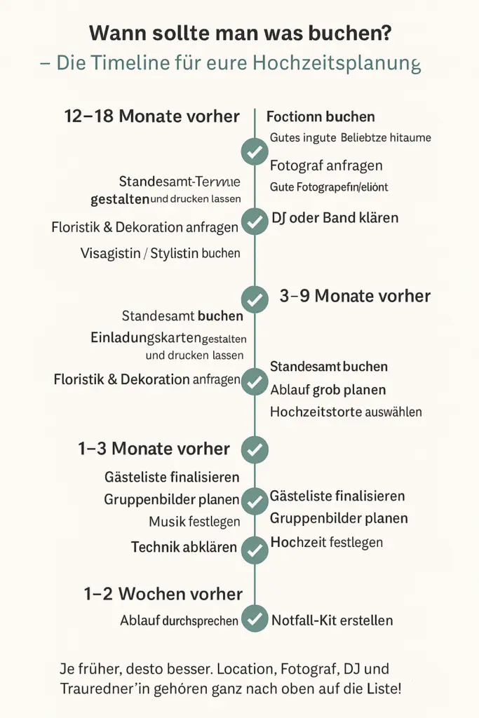 Zeitplan zur Hochzeitsplanung: Wann Location, Fotograf, DJ und Standesamt gebucht werden sollten.
