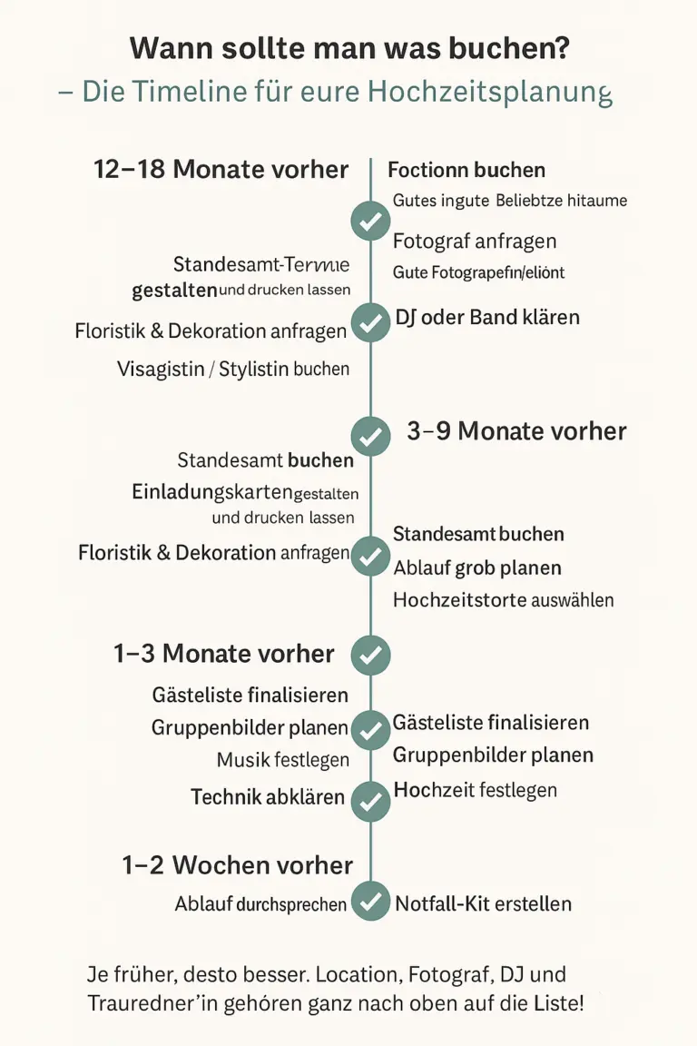 Zeitplan zur Hochzeitsplanung: Wann Location, Fotograf, DJ und Standesamt gebucht werden sollten.