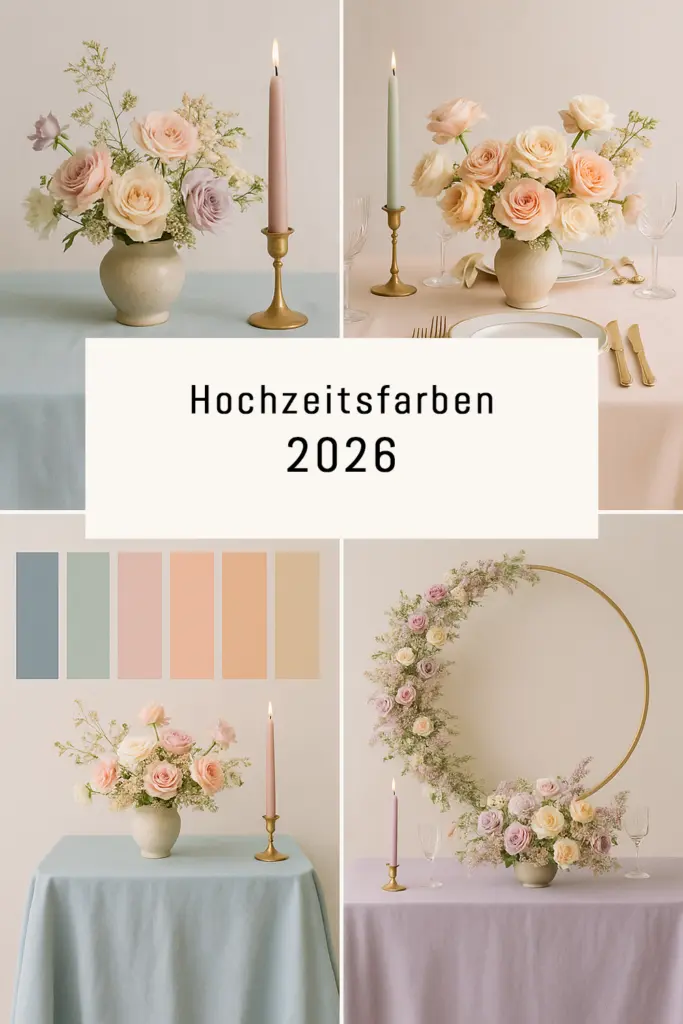 Hochzeitsfarben 2026 Moodboard in Pastelltönen mit Blumendeko und Kerzen