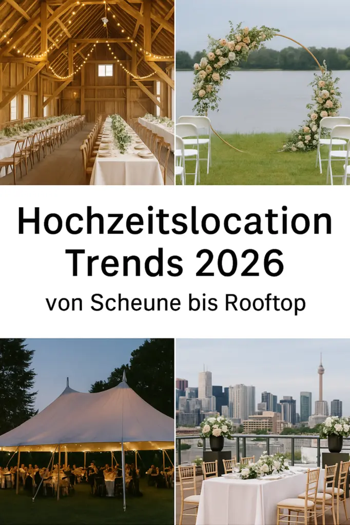 Hochzeitslocation Trends 2026 – moderne Locations von Scheune bis Rooftop mit festlich dekorierten Beispielen