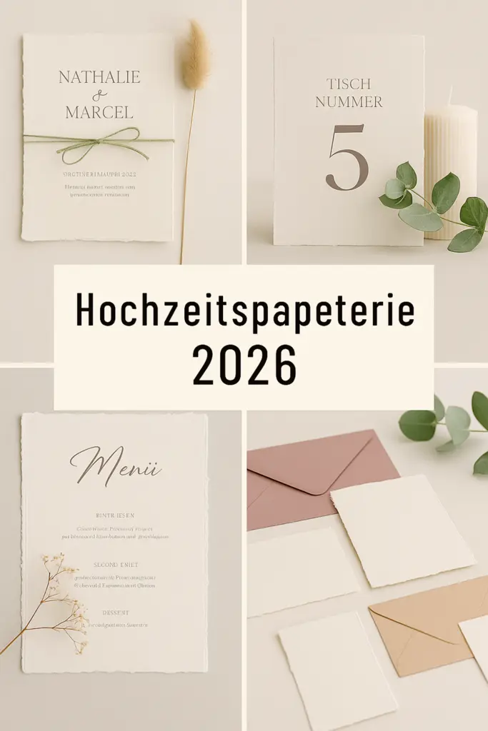Collage mit Hochzeitspapeterie-Trends 2026 – Einladungen, Menükarten, Sitzplan und Farbpalette in minimalistischer Gestaltung.